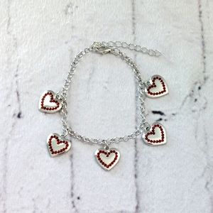 Red Rhinestone Heart Charms Silver Clasp Bracelet